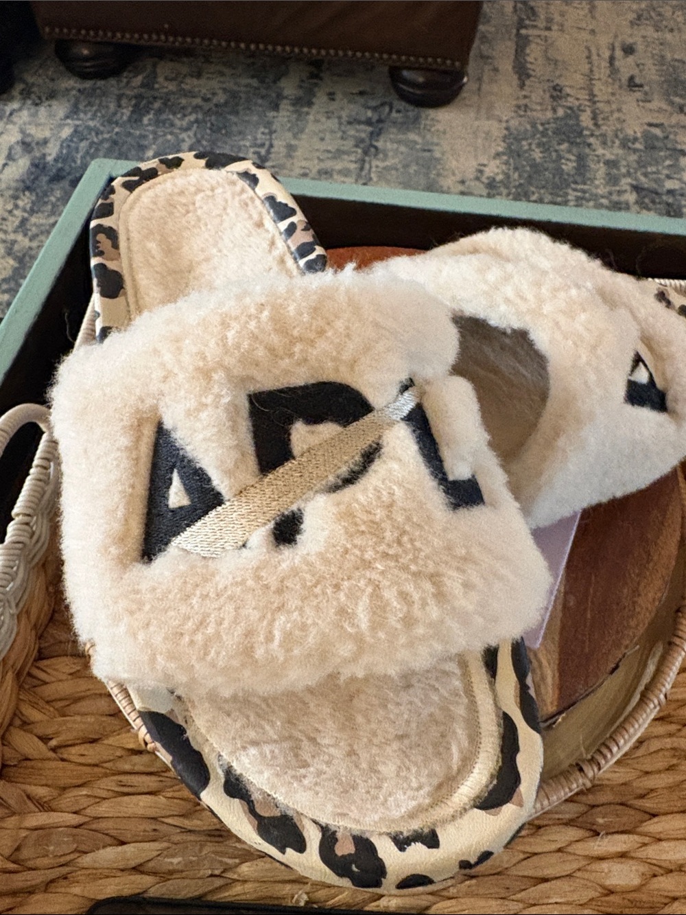 APL women’s Cream Faux-Shearling Slide Sandals with Leopard Trim